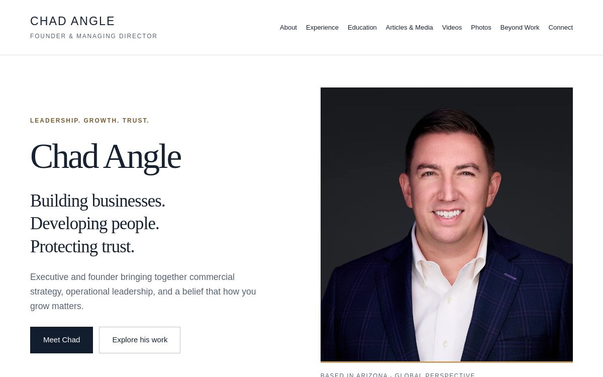 Chad Angle’s professional website, showing his biography introduction, portrait and navigation to experience, education and media